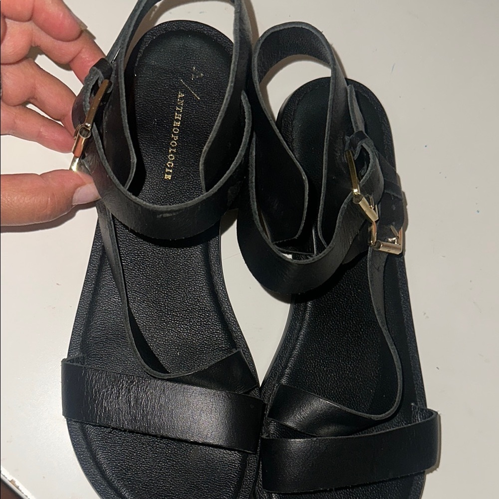 Anthropologie Black Leather Sandals with Ankle Strap Size 10